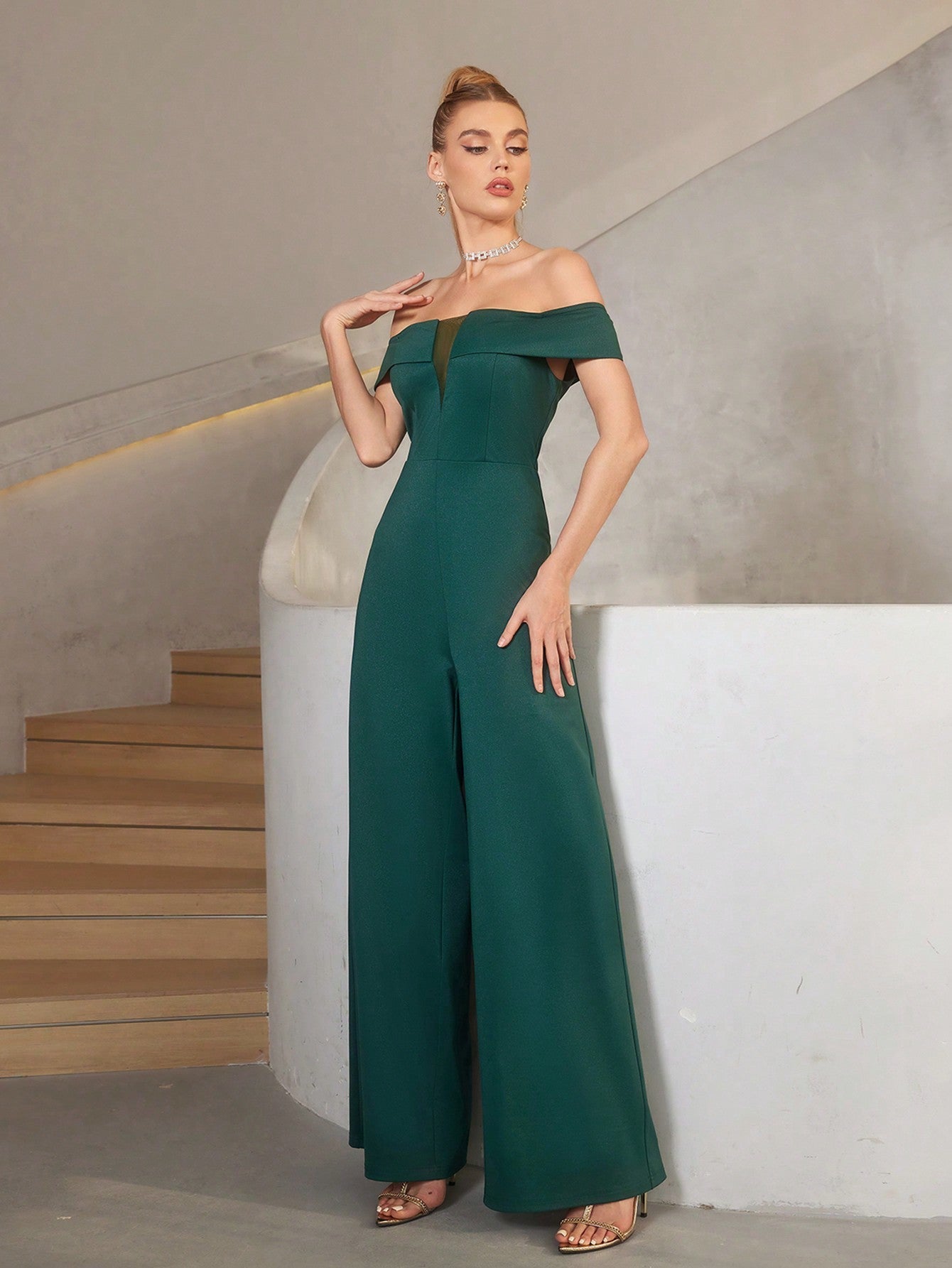 Solid Color One-Shoulder Wide Leg Jumpsuit 