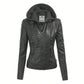 Faux Leather Motorcycle Jacket With Hoodie 