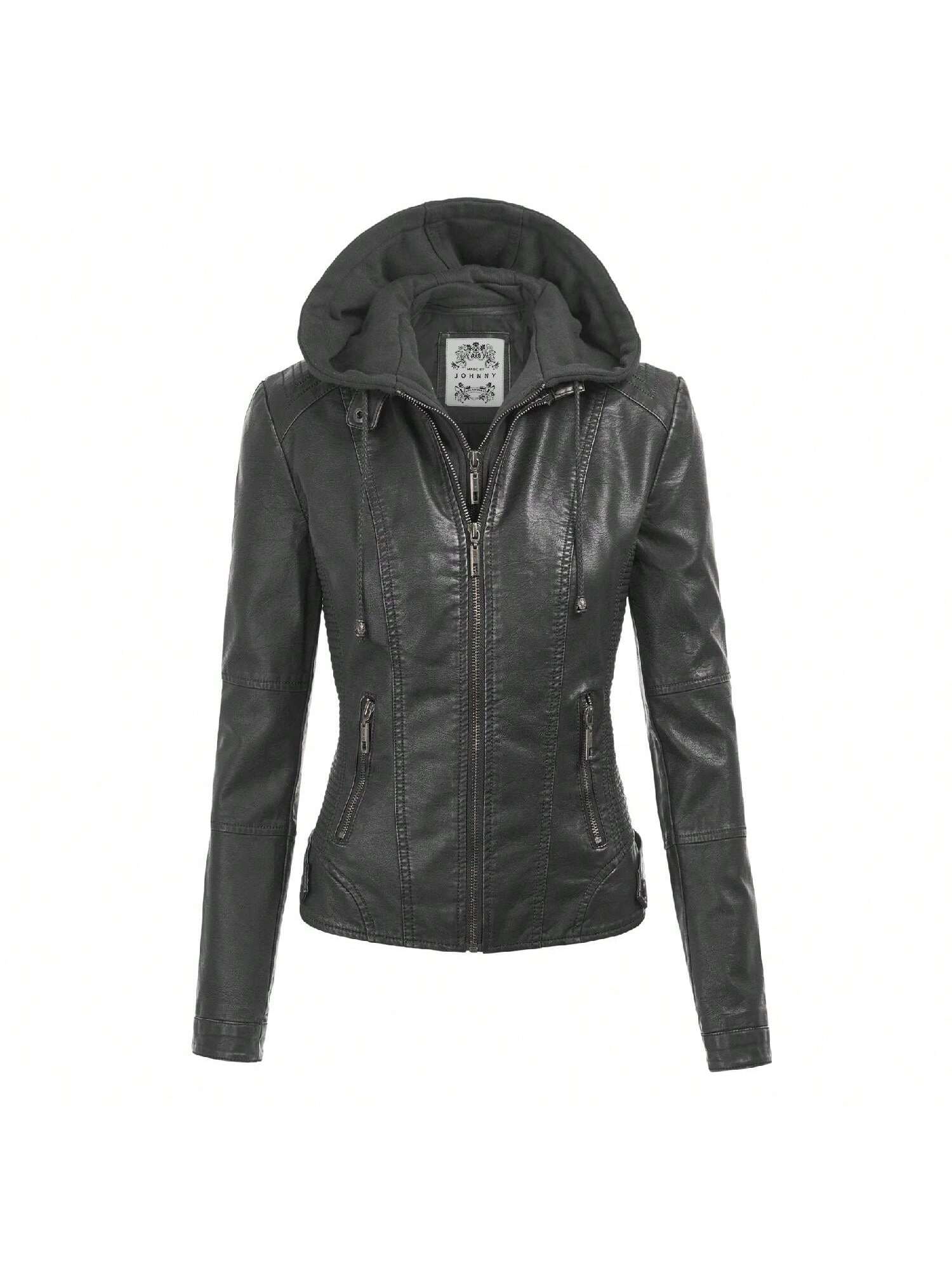 Faux Leather Motorcycle Jacket With Hoodie 