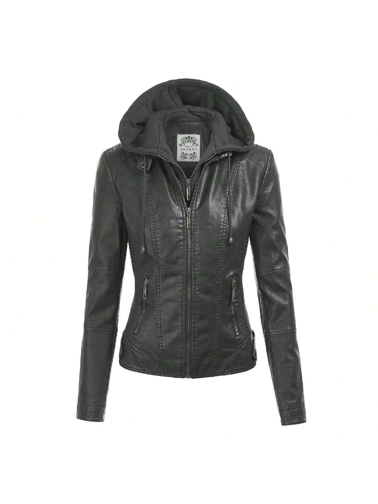 Faux Leather Motorcycle Jacket With Hoodie 