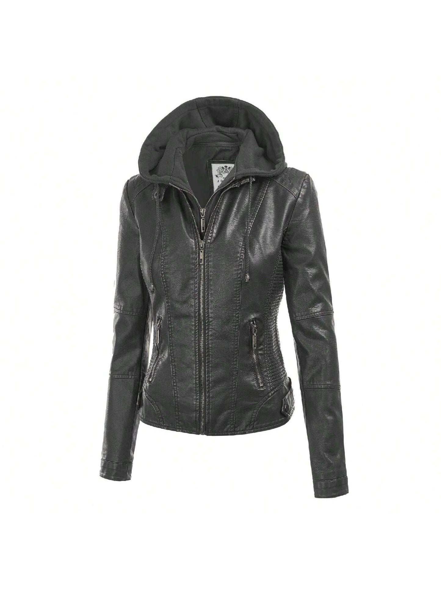 Faux Leather Motorcycle Jacket With Hoodie 