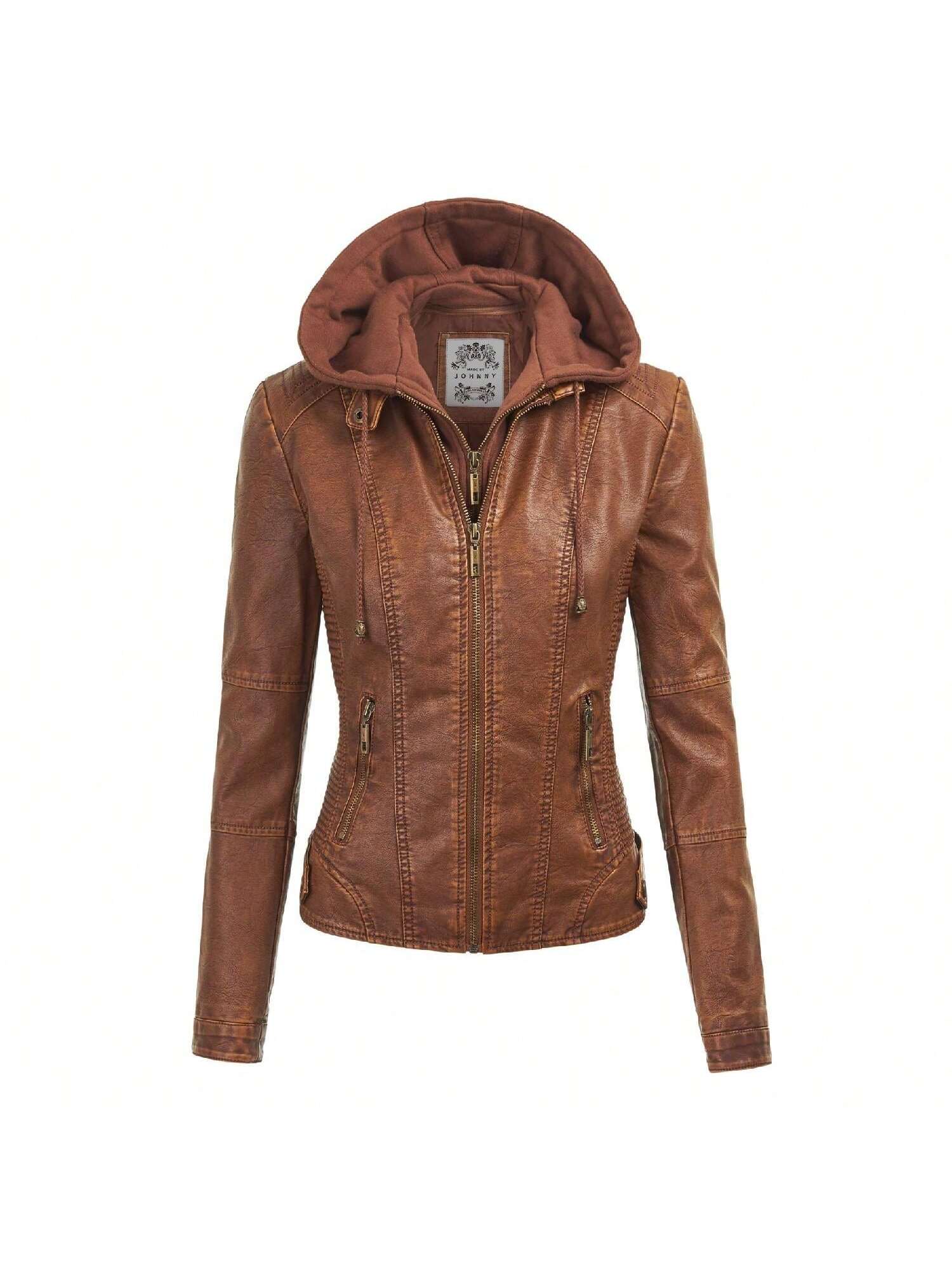 Faux Leather Motorcycle Jacket With Hoodie 