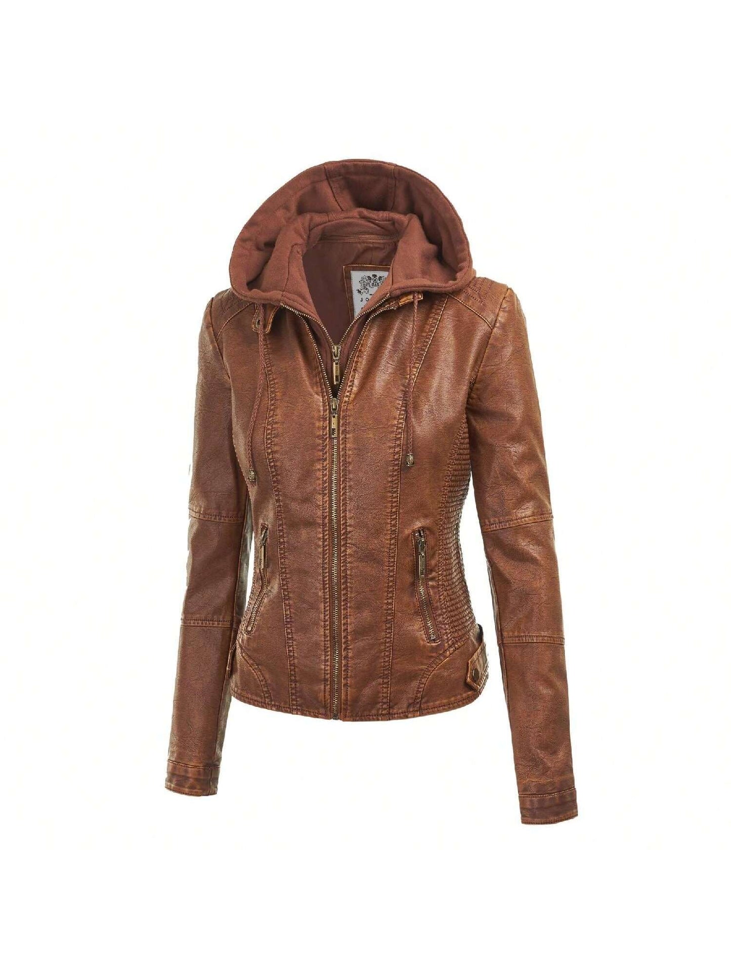 Faux Leather Motorcycle Jacket With Hoodie 