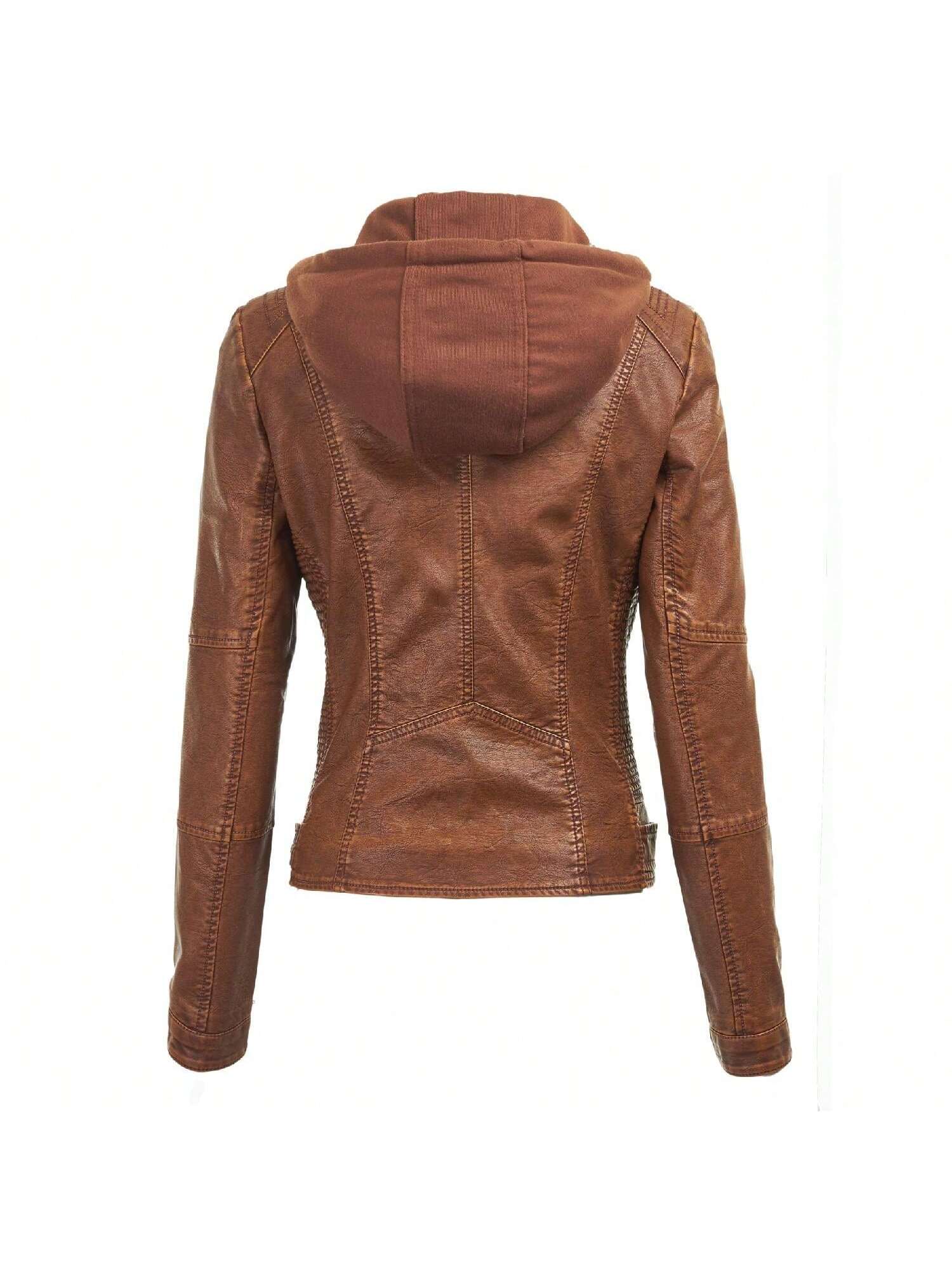 Faux Leather Motorcycle Jacket With Hoodie 