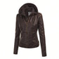 Faux Leather Motorcycle Jacket With Hoodie 