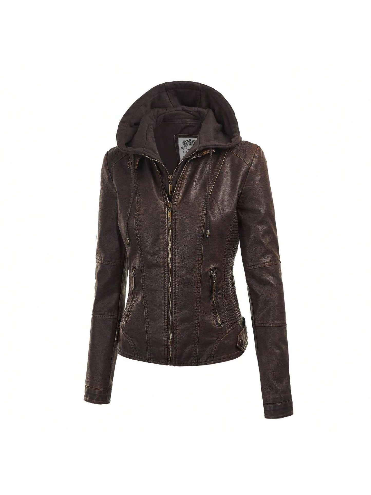 Faux Leather Motorcycle Jacket With Hoodie 