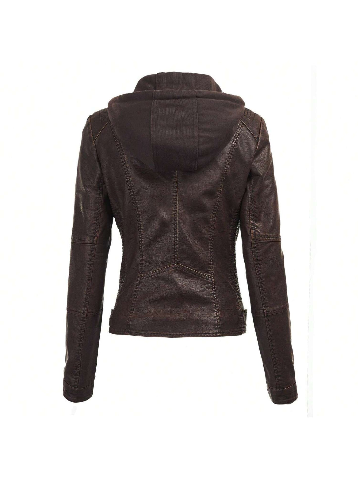 Faux Leather Motorcycle Jacket With Hoodie 