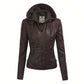 Faux Leather Motorcycle Jacket With Hoodie 