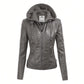 Faux Leather Motorcycle Jacket With Hoodie 