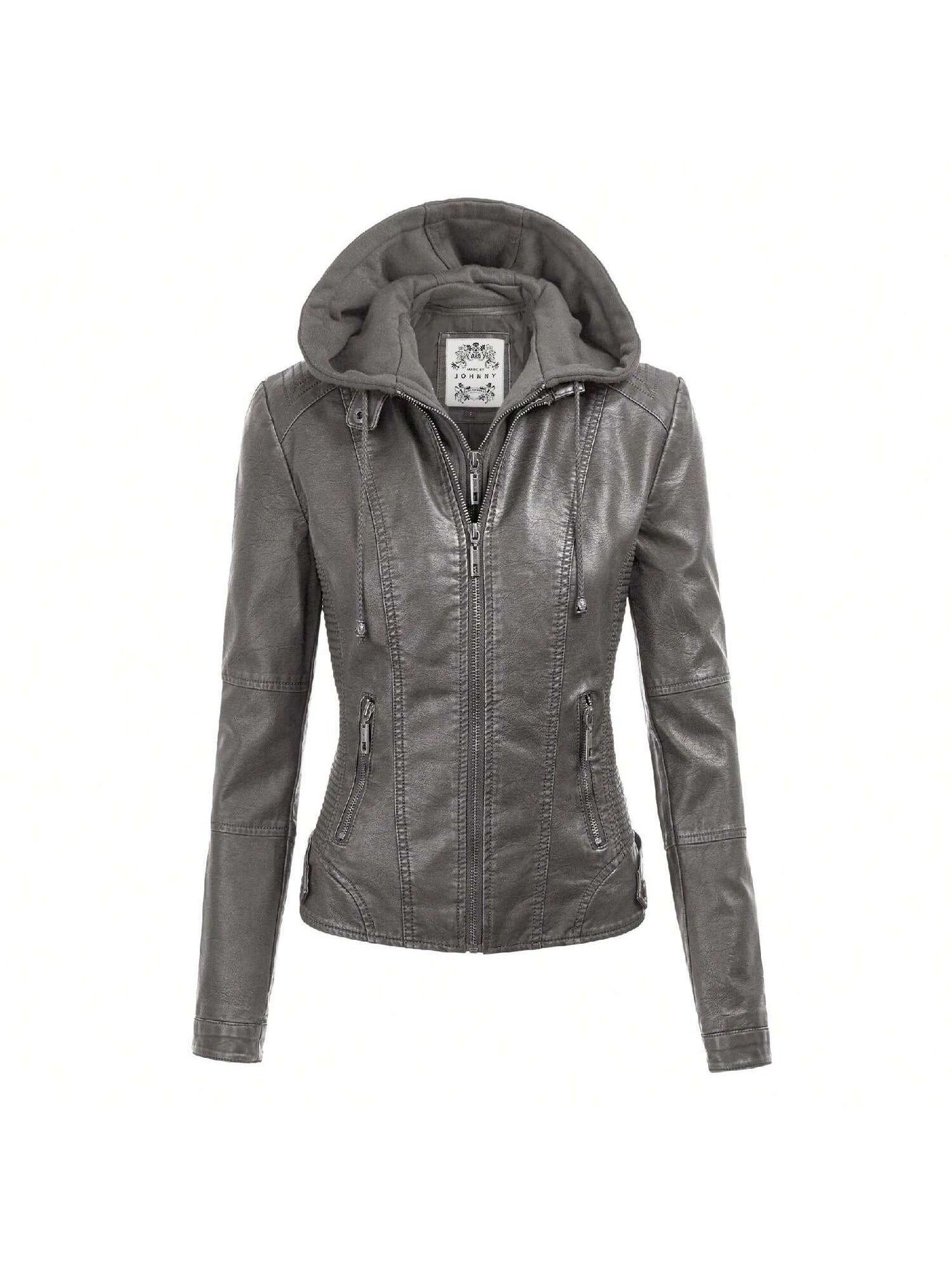 Faux Leather Motorcycle Jacket With Hoodie 