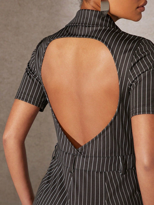 Pinstriped Open Back Flare Jumpsuit 