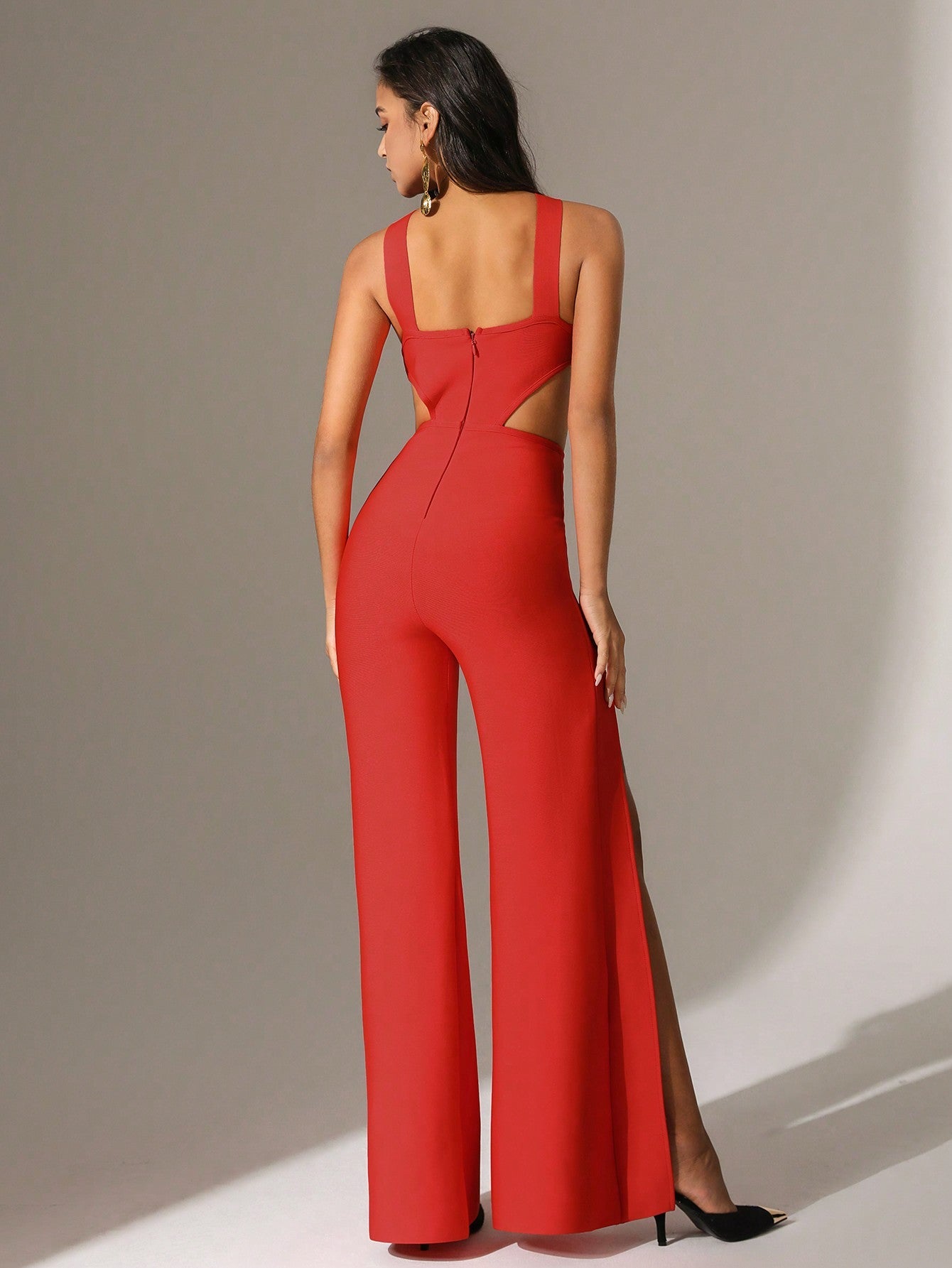 Solid Color Hollow Out High Slit Halter Jumpsuit 