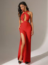 Solid Color Hollow Out High Slit Halter Jumpsuit 