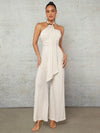 Apricot Linen Halterneck Wide-Leg Jumpsuit 