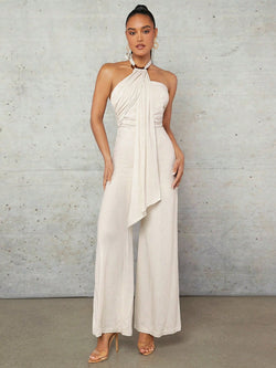 Apricot Linen Halterneck Wide-Leg Jumpsuit 