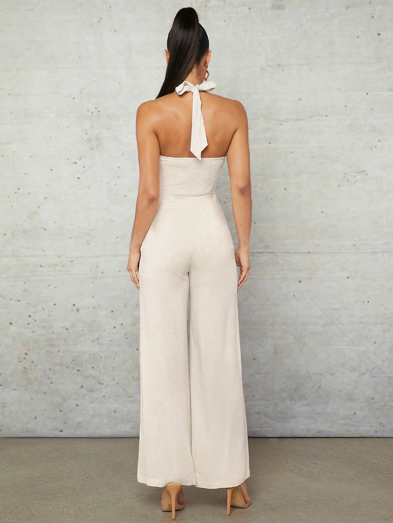 Apricot Linen Halterneck Wide-Leg Jumpsuit 