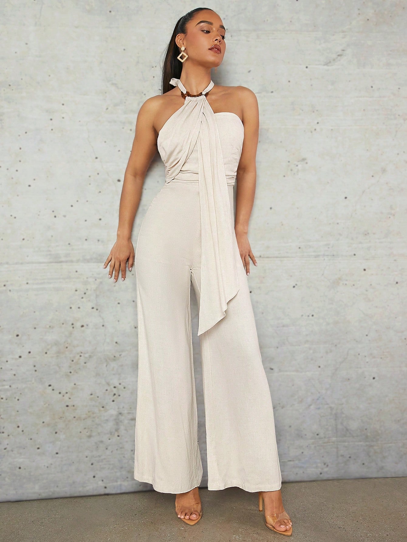 Apricot Linen Halterneck Wide-Leg Jumpsuit 