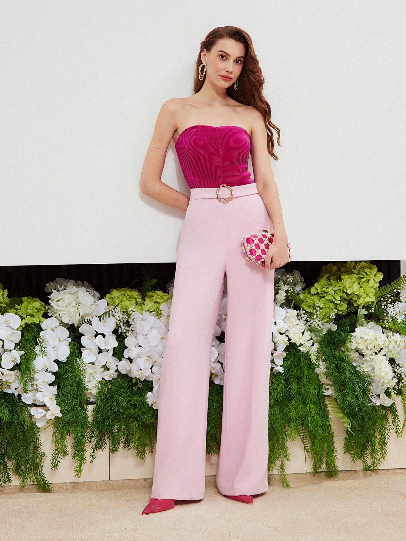 Two-Tone Buckle Belted Tube Jumpsuit 