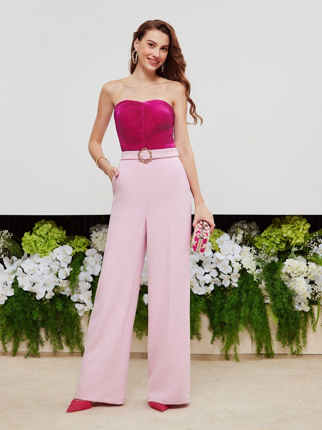 Two-Tone Buckle Belted Tube Jumpsuit 