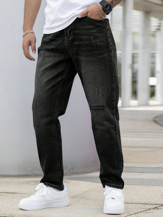 Men Stone Wash Denim Black Ripped Jeans 