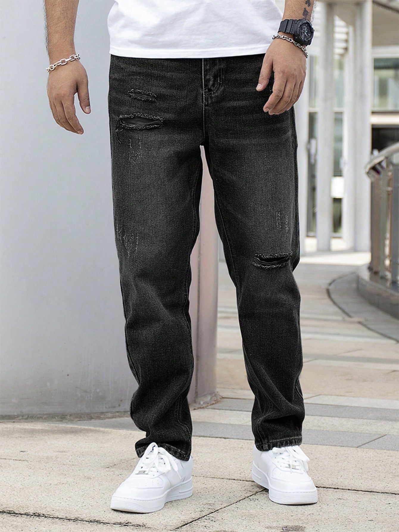 Men Stone Wash Denim Black Ripped Jeans 