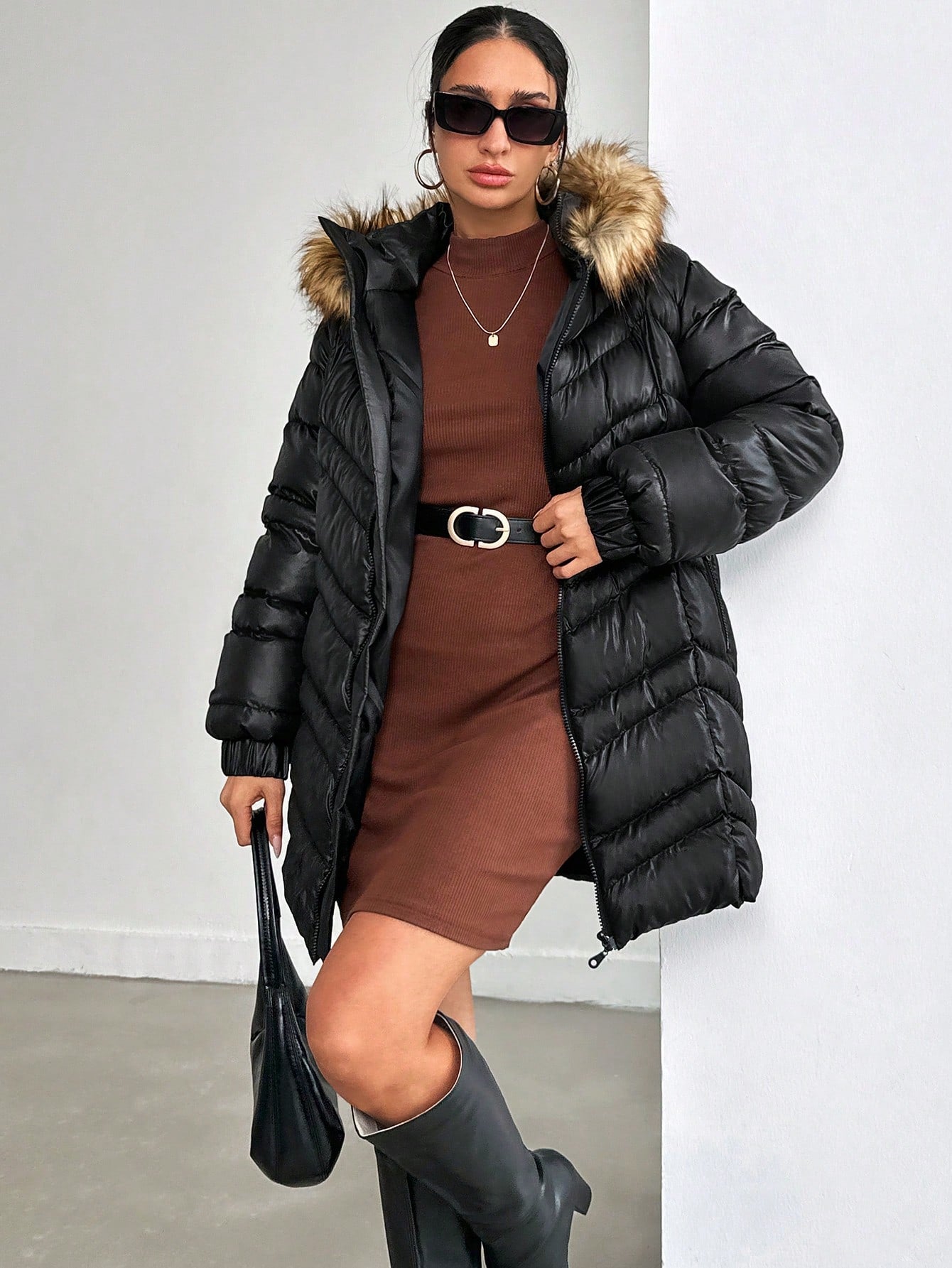 Faux Fur Hooded Double Zipper Down Coat 