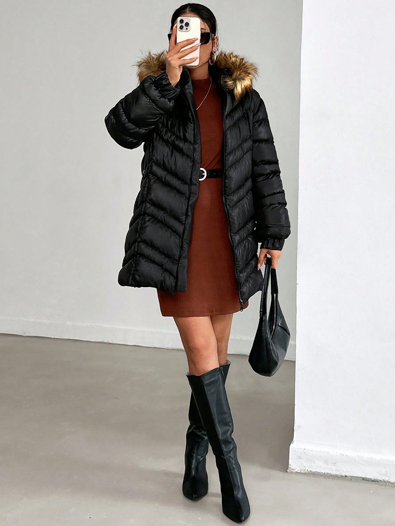 Faux Fur Hooded Double Zipper Down Coat 