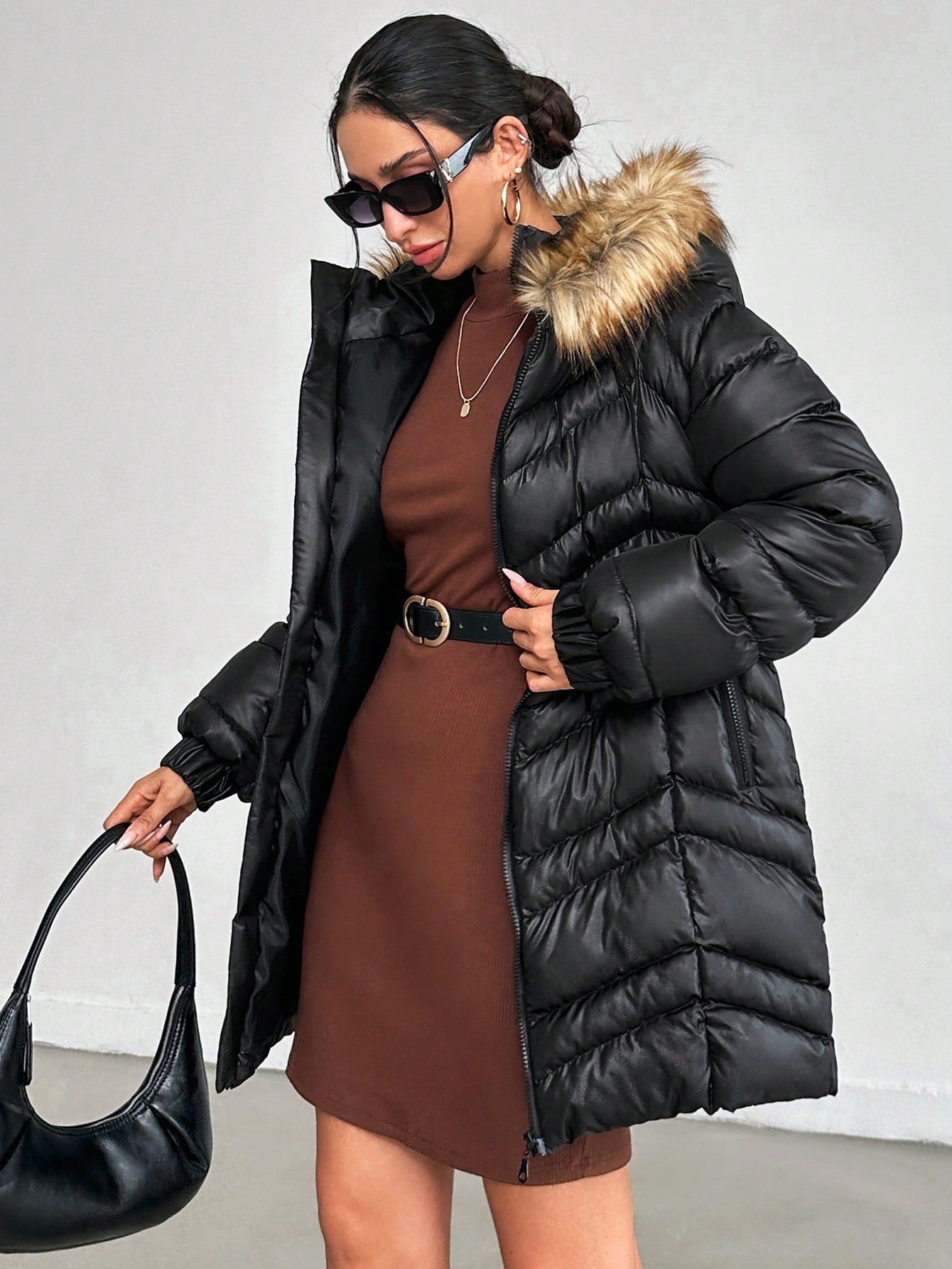 Faux Fur Hooded Double Zipper Down Coat 