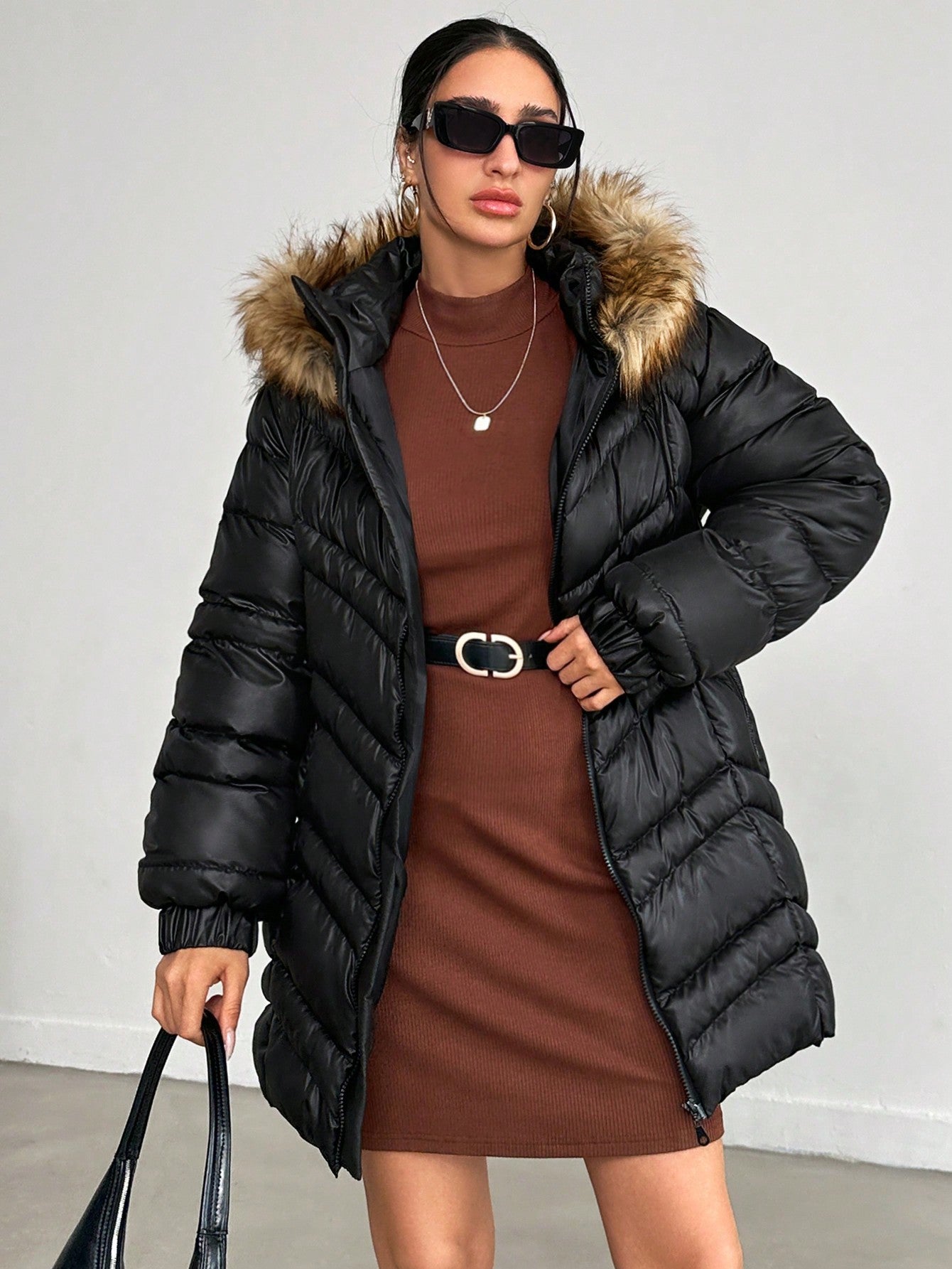 Faux Fur Hooded Double Zipper Down Coat 