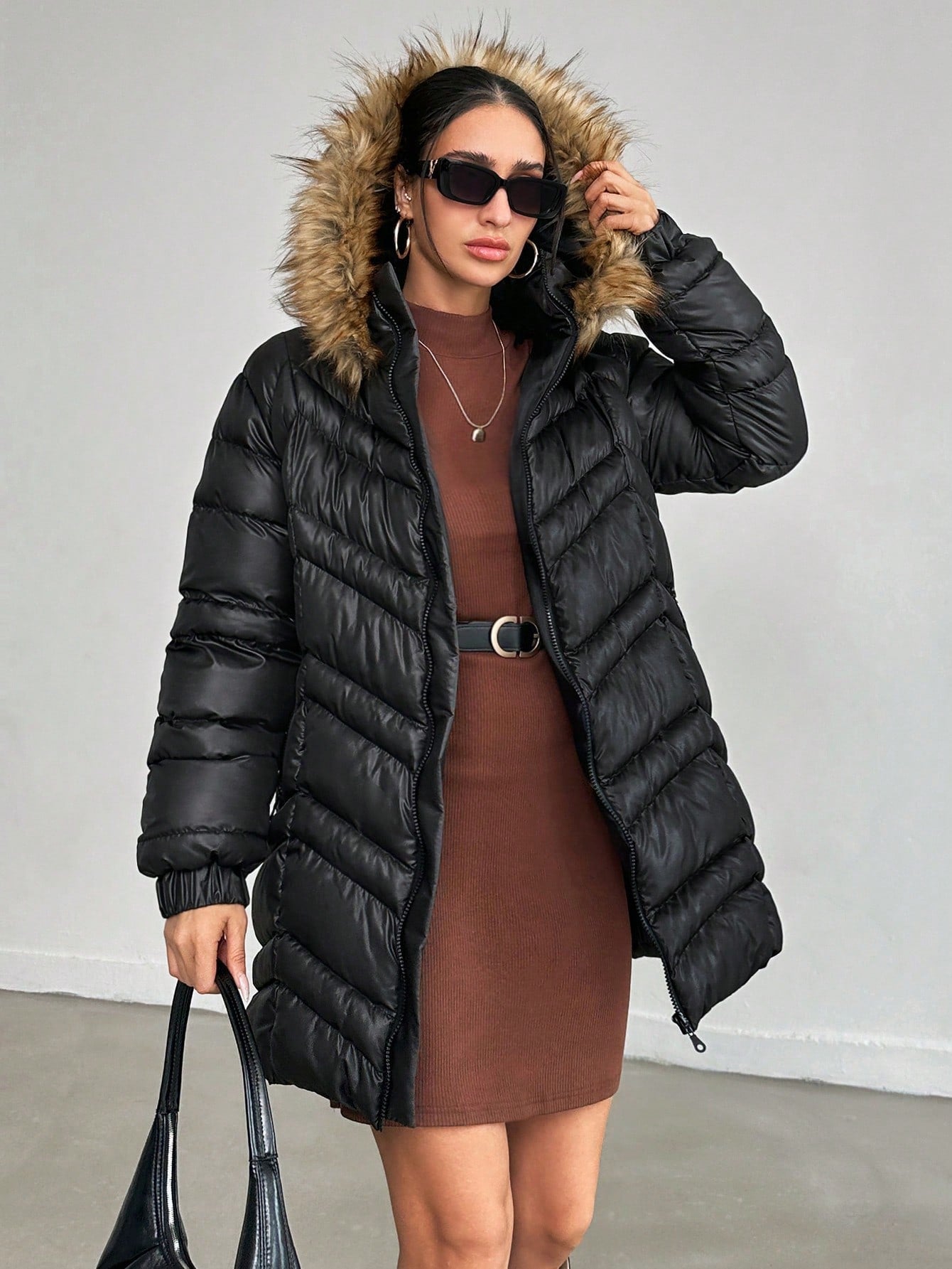 Faux Fur Hooded Double Zipper Down Coat 