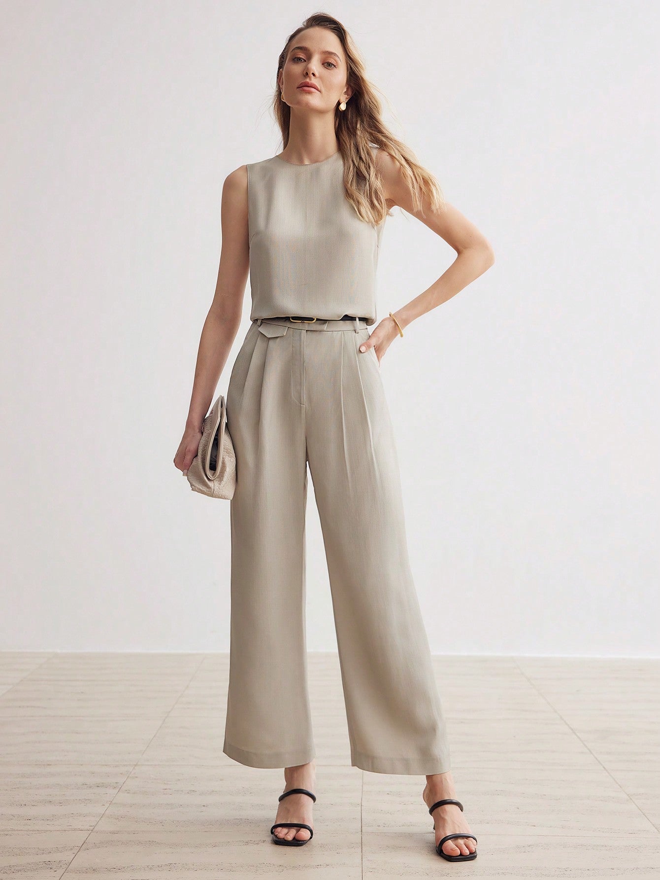 SOLID SLANT POCKET FOLD PLEATED STRAIGHT LEG PANTS 