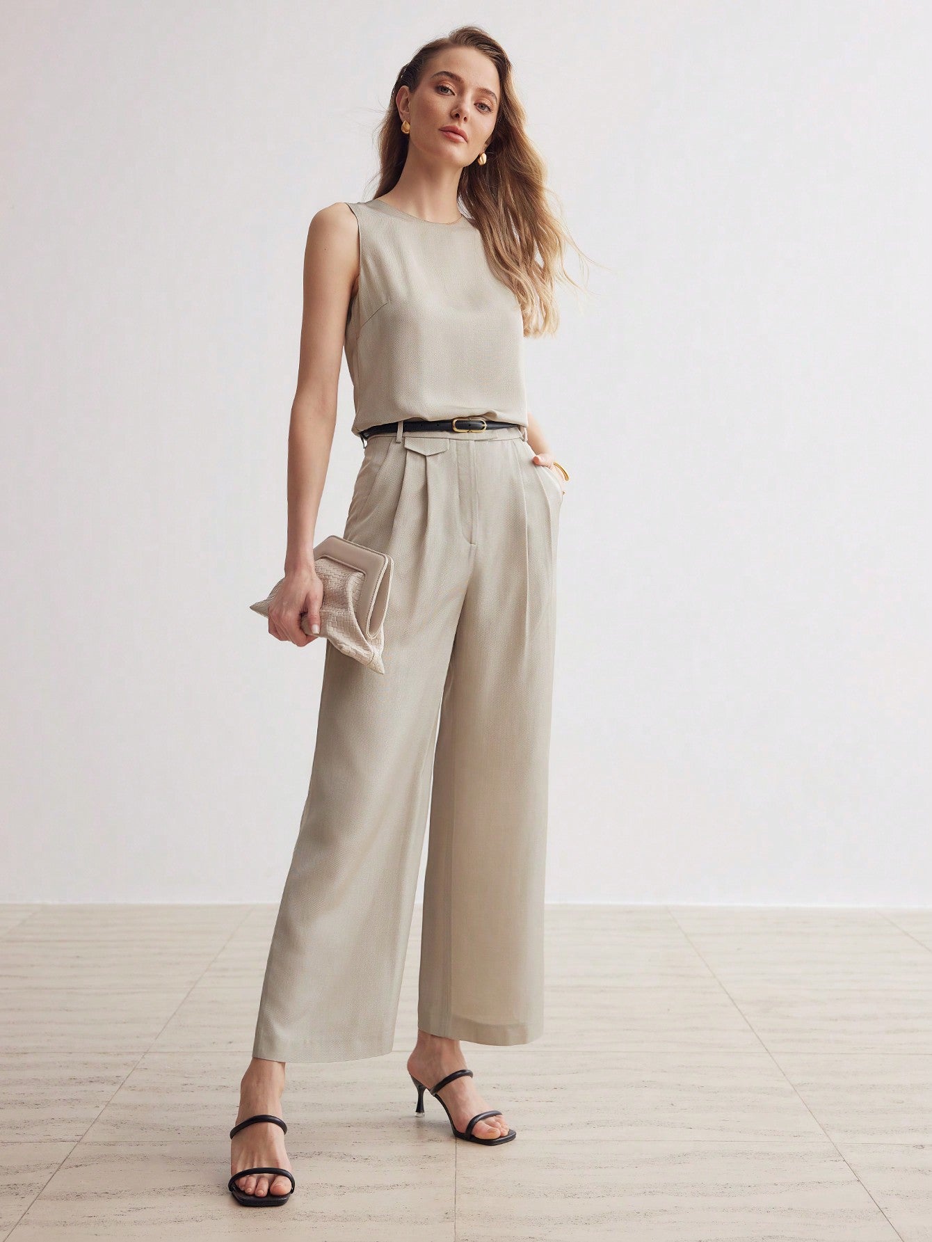 SOLID SLANT POCKET FOLD PLEATED STRAIGHT LEG PANTS 