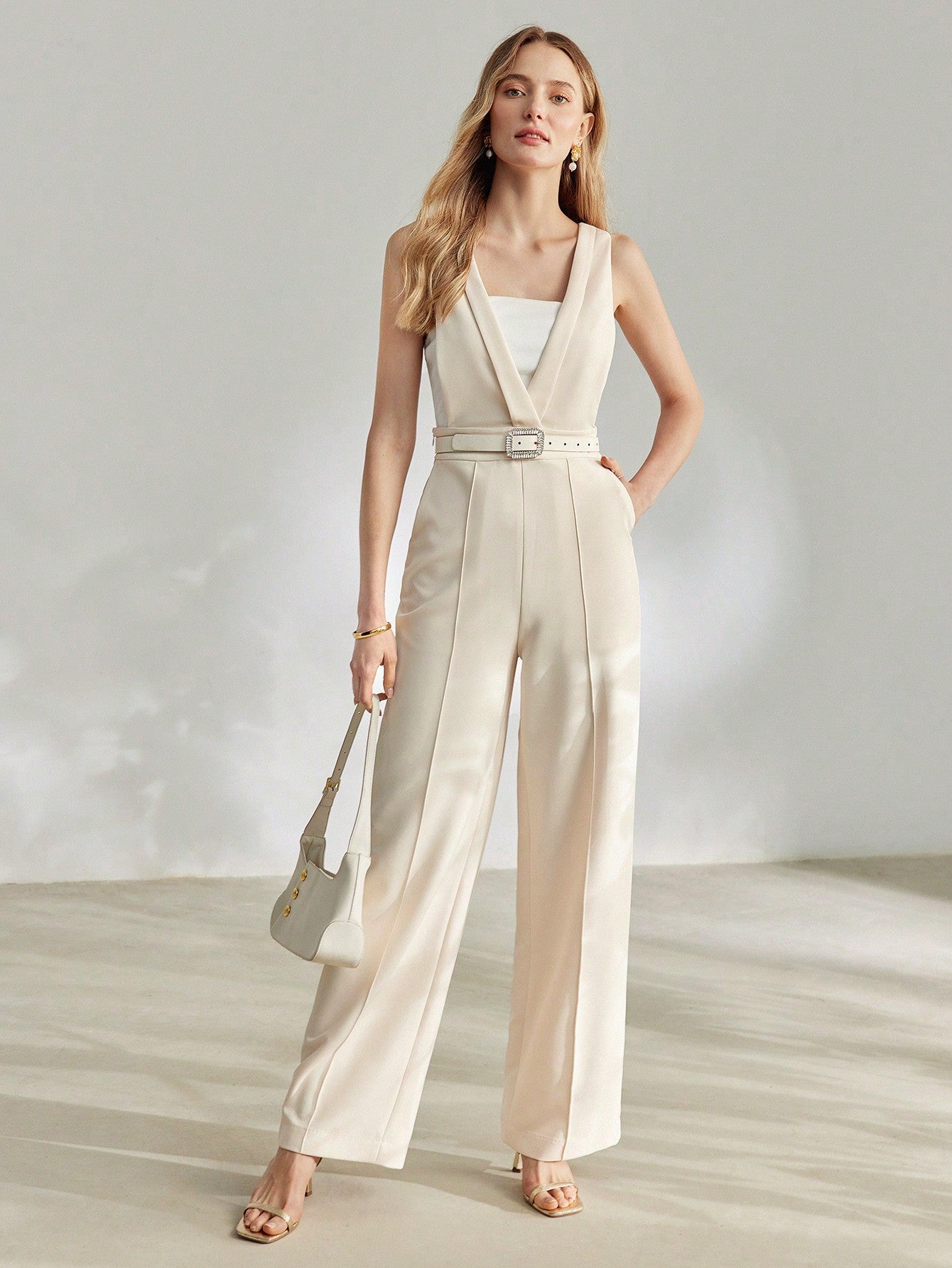 Plunging Neck Seam Front Slant Pocket Jumpsuit 