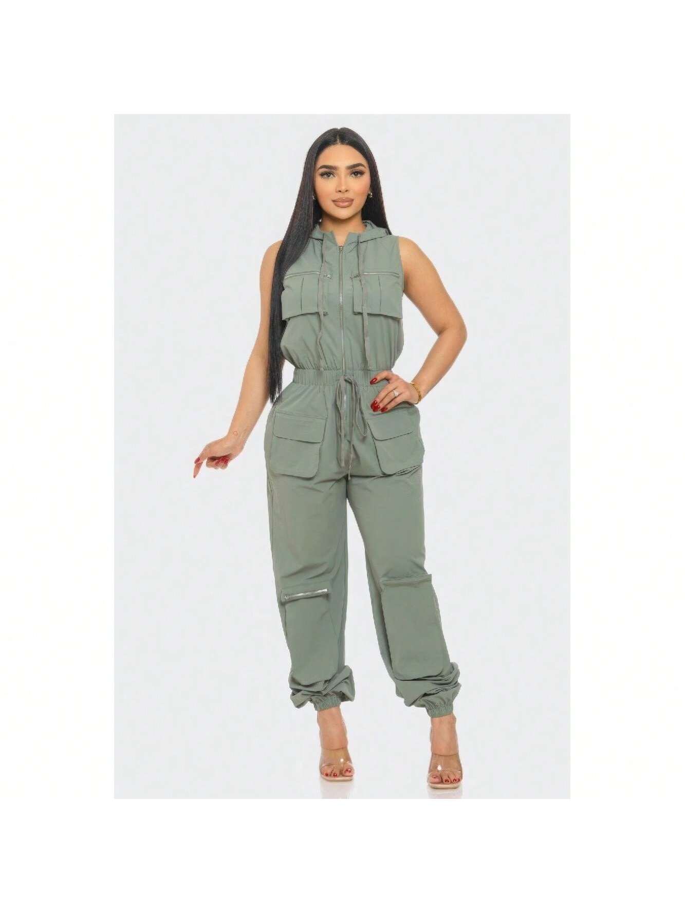 Sleeveless High Waist Cargo Jumpsuit 