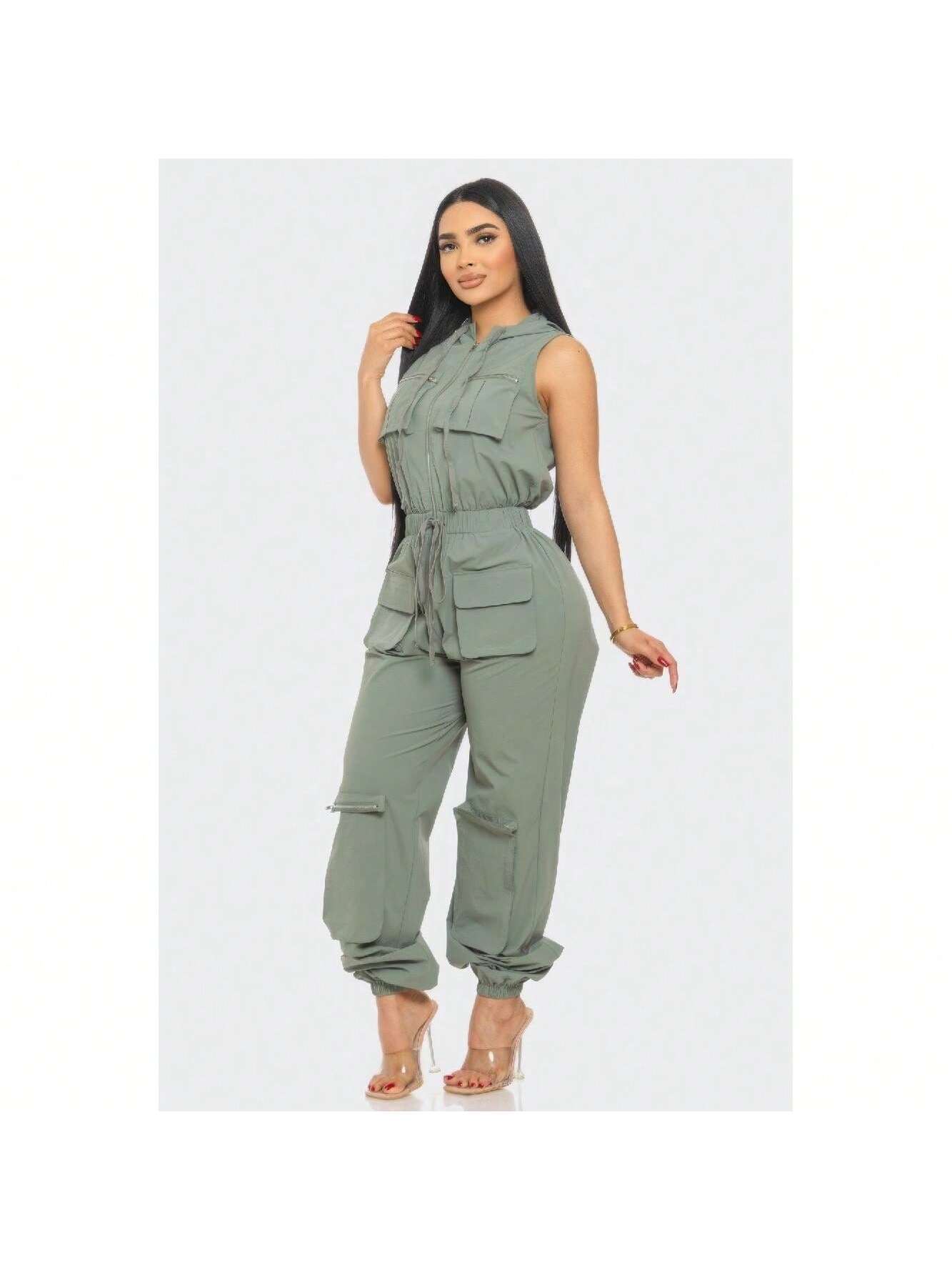 Sleeveless High Waist Cargo Jumpsuit 