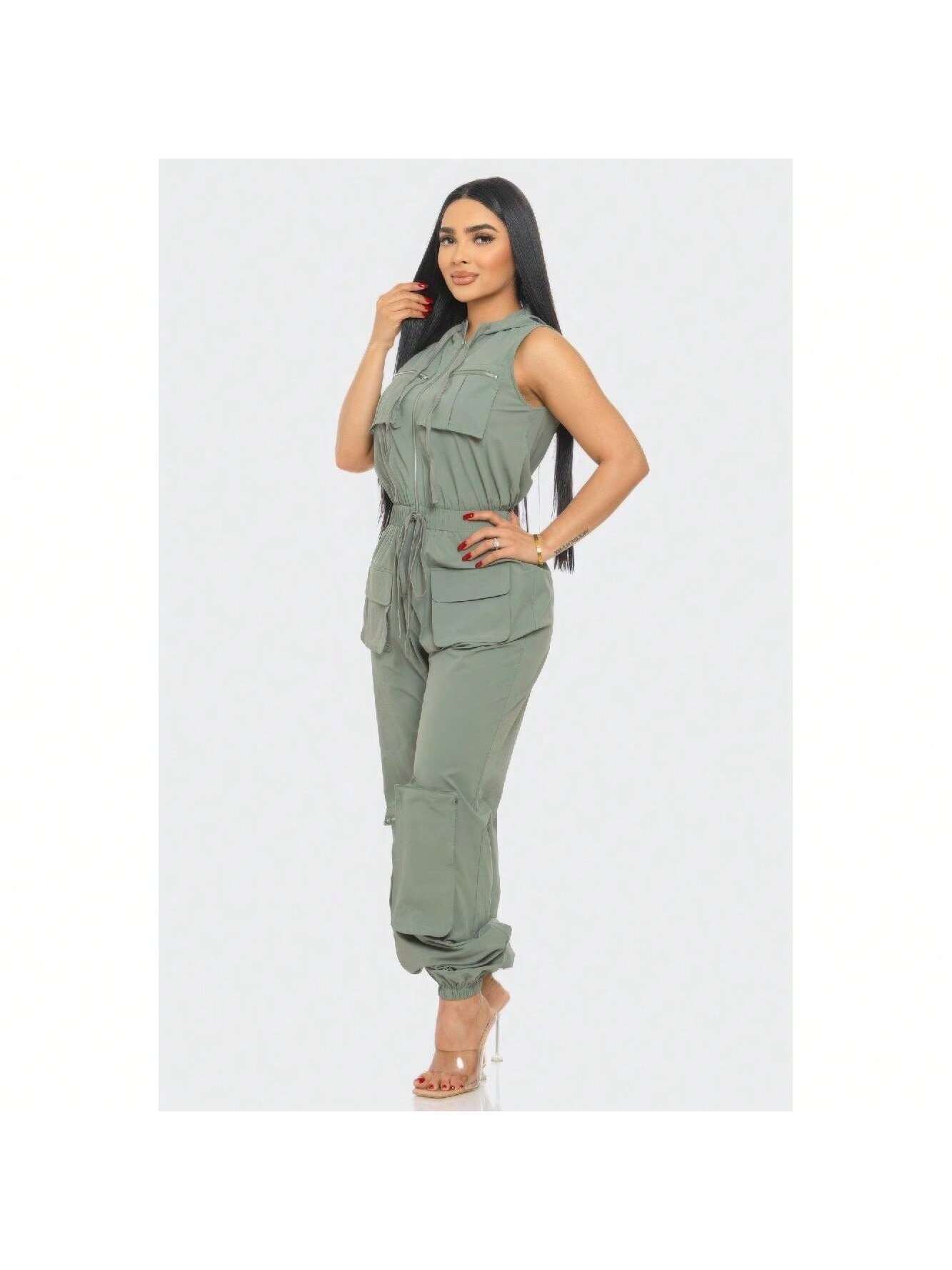 Sleeveless High Waist Cargo Jumpsuit 