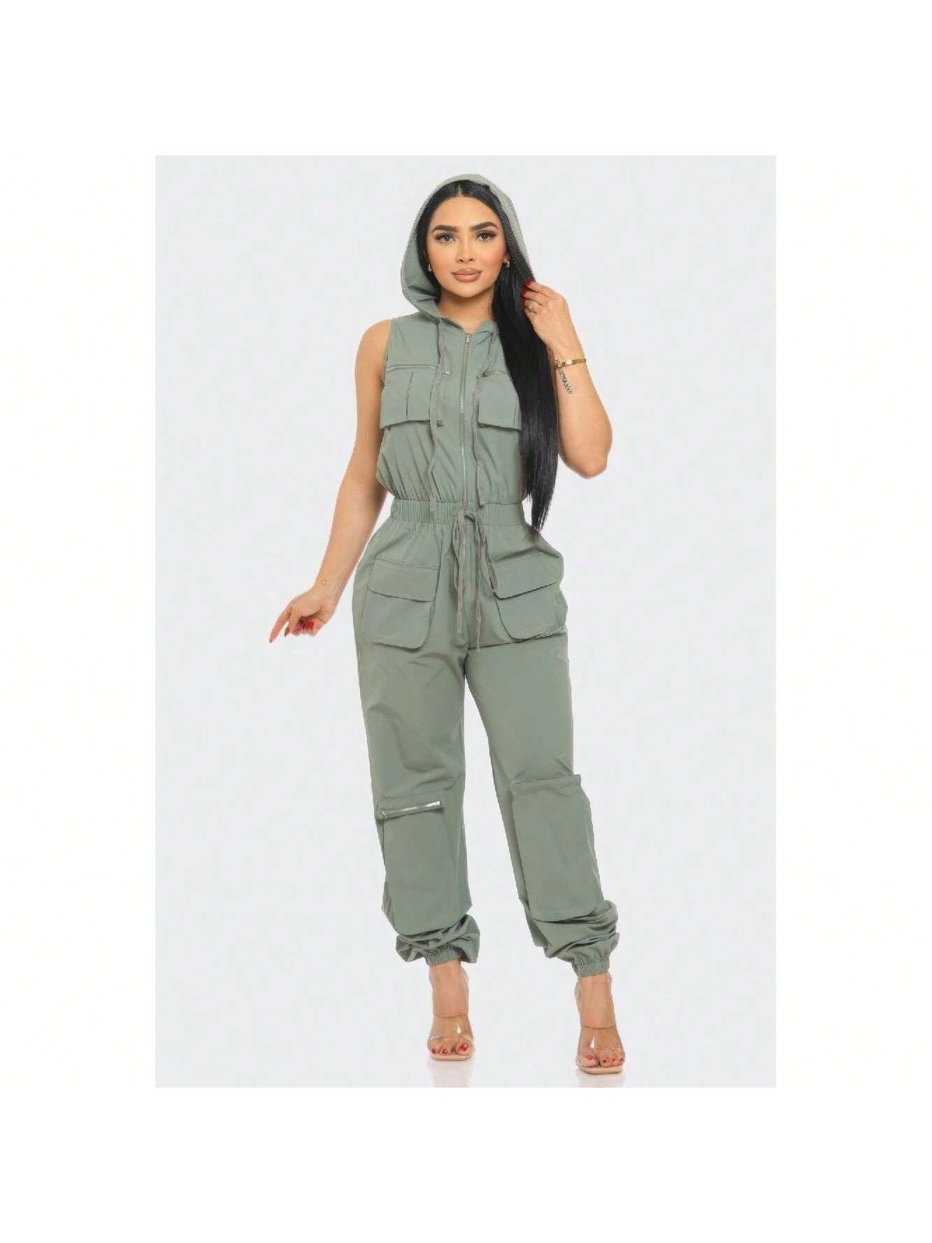 Sleeveless High Waist Cargo Jumpsuit 