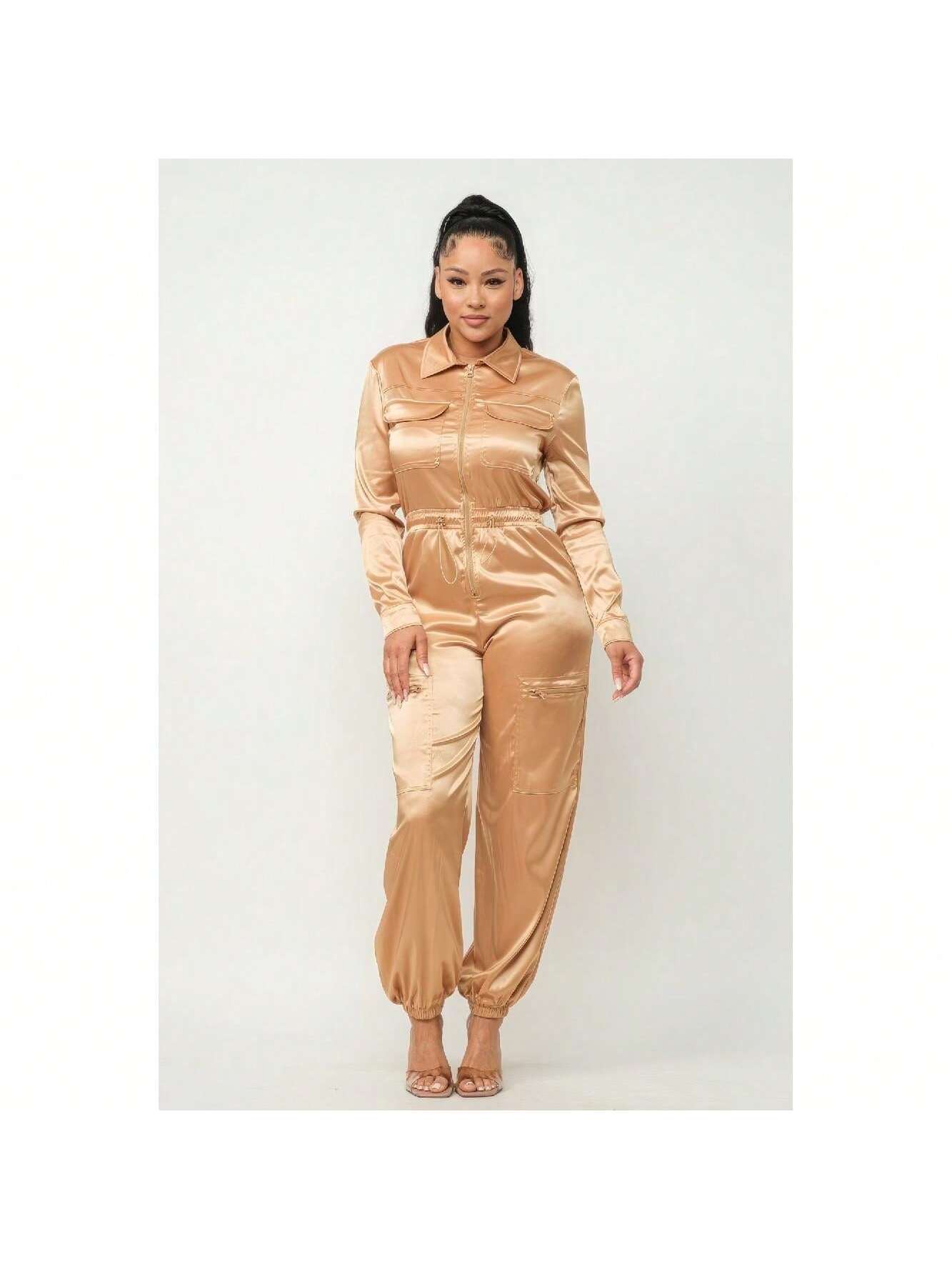 Front Zipper Pockets Top And Pants Jumpsuit (Gold) 