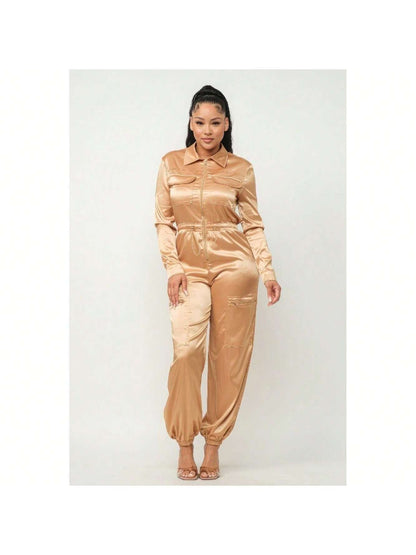 Front Zipper Pockets Top And Pants Jumpsuit (Gold) 