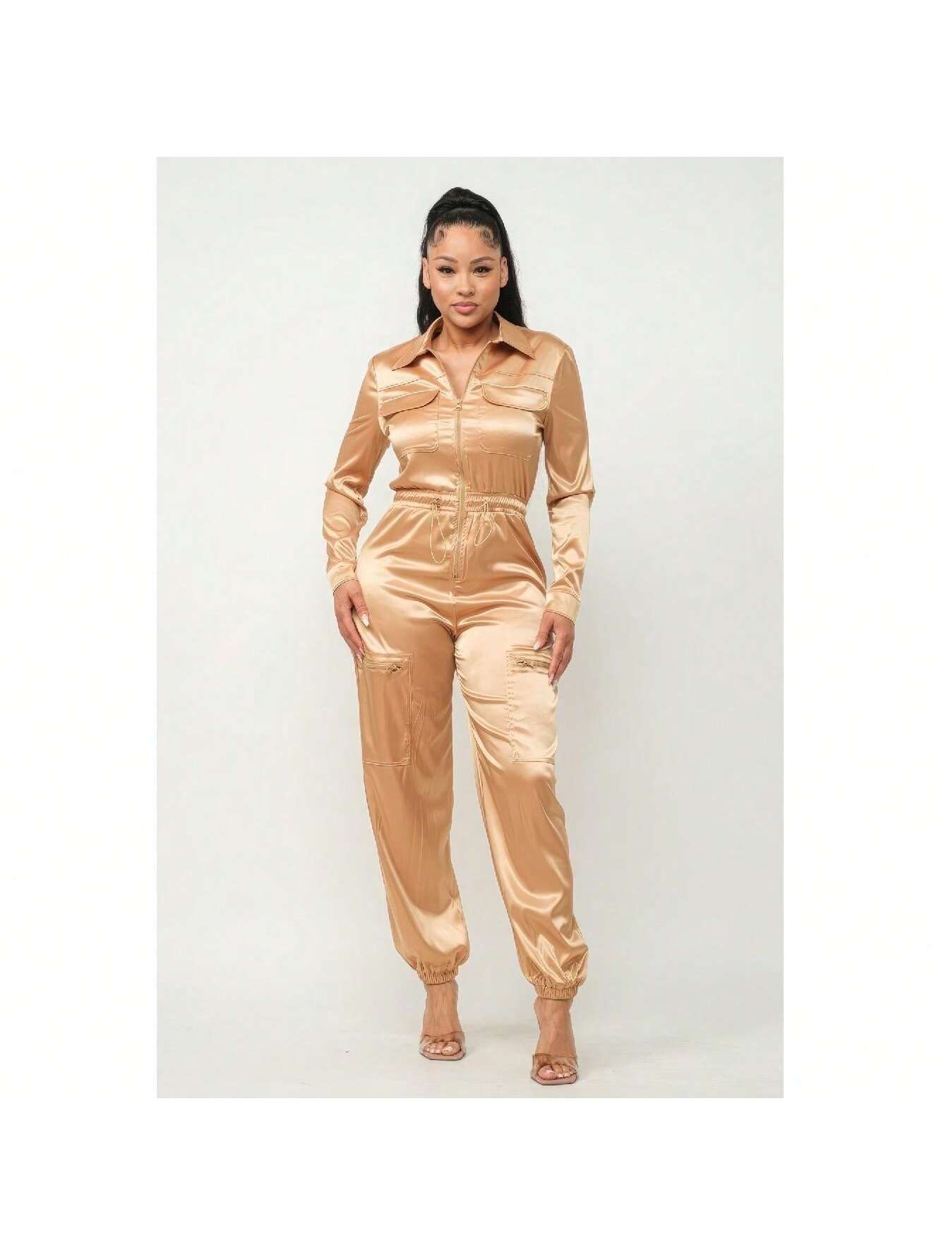 Front Zipper Pockets Top And Pants Jumpsuit (Gold) 