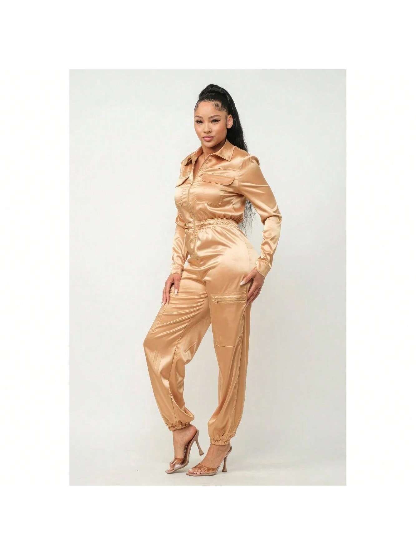 Front Zipper Pockets Top And Pants Jumpsuit (Gold) 