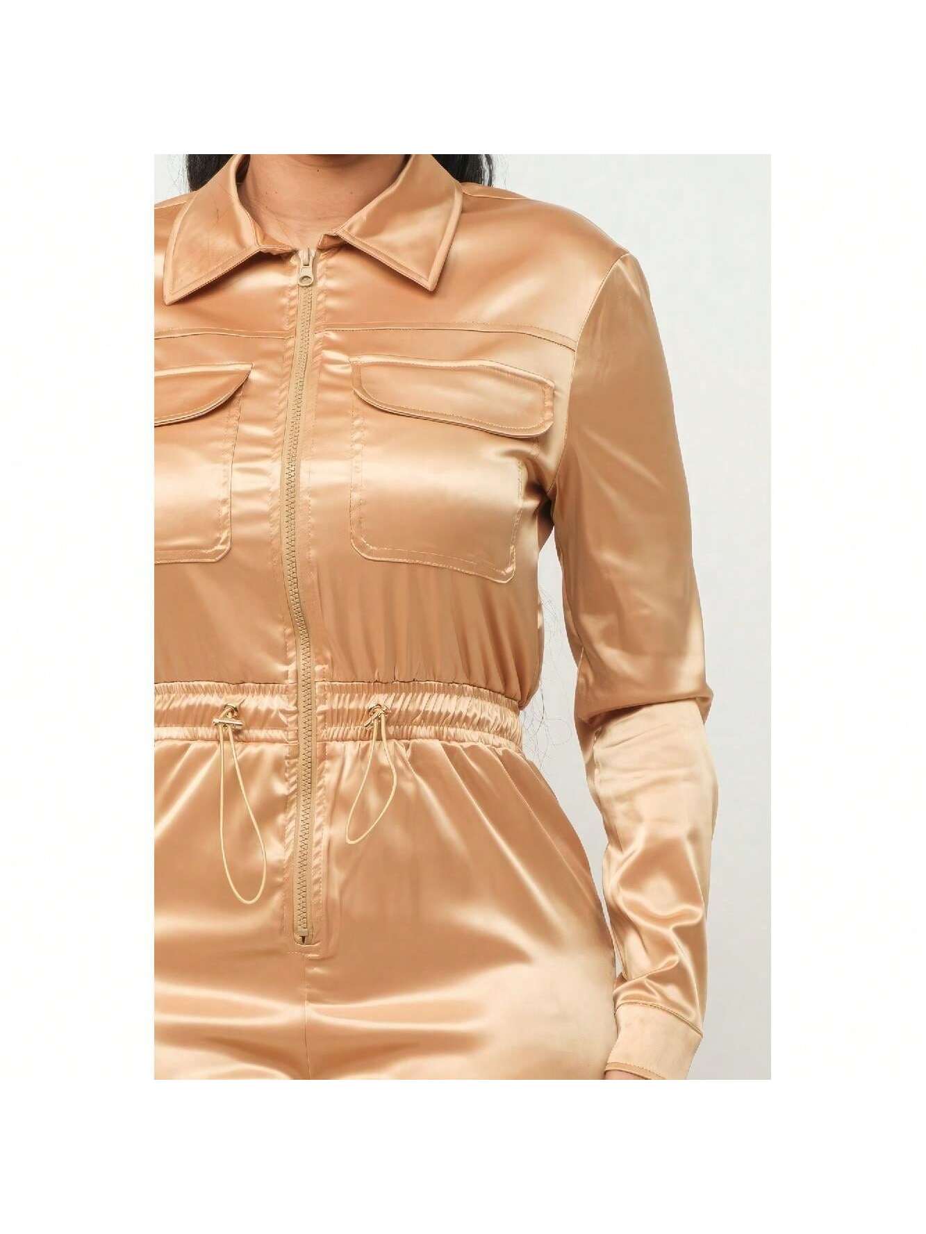 Front Zipper Pockets Top And Pants Jumpsuit (Gold) 