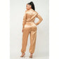 Front Zipper Pockets Top And Pants Jumpsuit (Gold) 