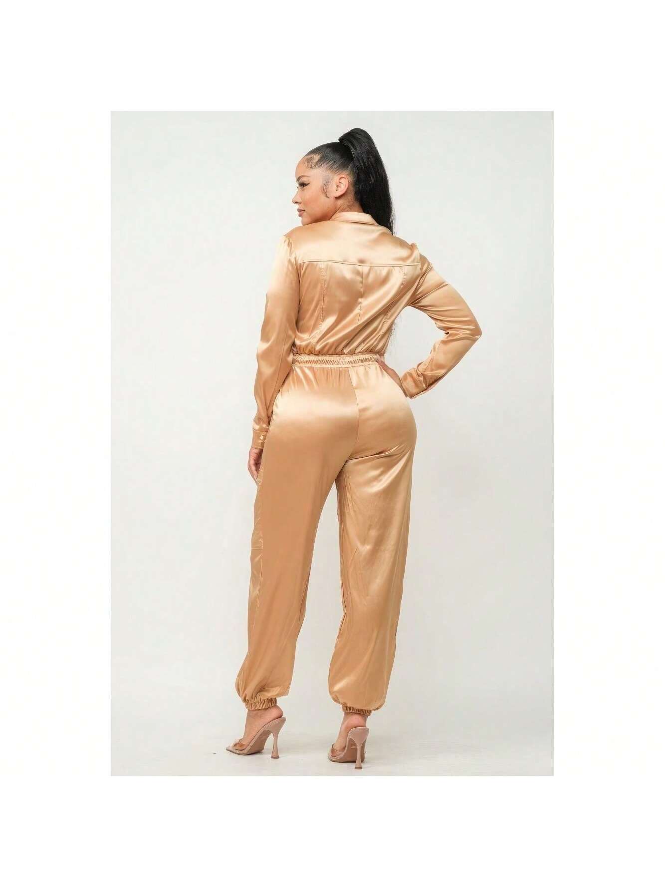 Front Zipper Pockets Top And Pants Jumpsuit (Gold) 