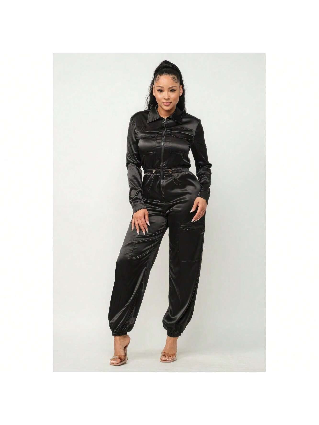 Front Zipper Pockets Top And Pants Jumpsuit 