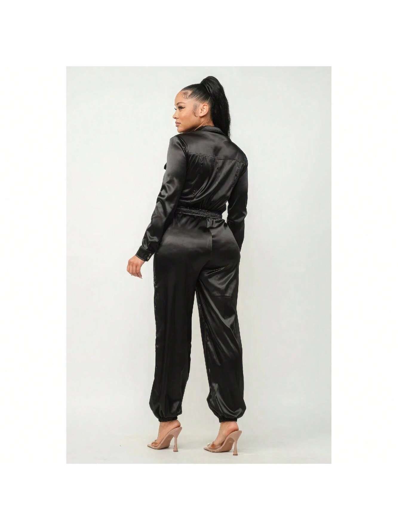 Front Zipper Pockets Top And Pants Jumpsuit 