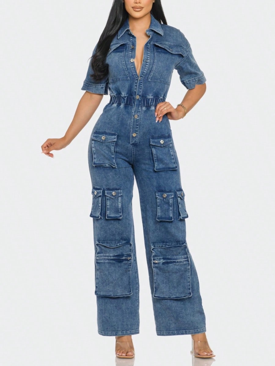 Short Sleeve Denim Jumpsuit 