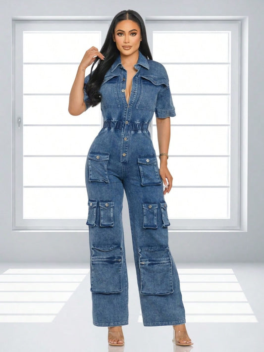 Short Sleeve Denim Jumpsuit 