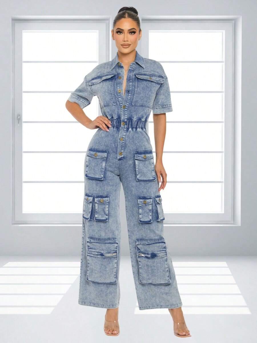 Short Sleeve Denim Jumpsuit 