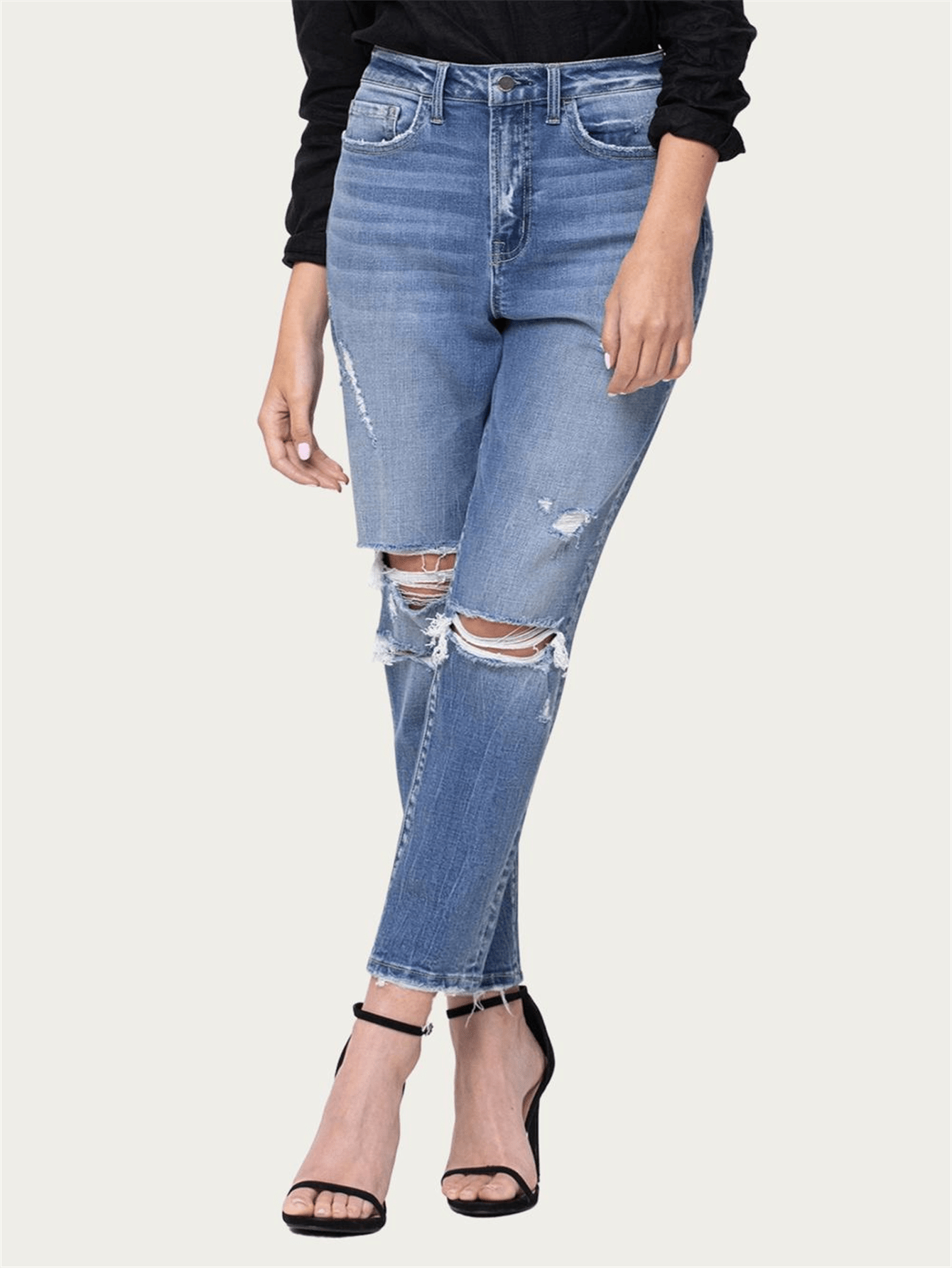 COMFORT STRETCH DISTRESSED MOM JEANS 